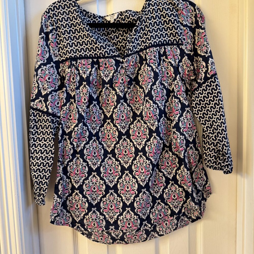 Crown & Ivy long sleeve blouse, women, size M, navy pattern
